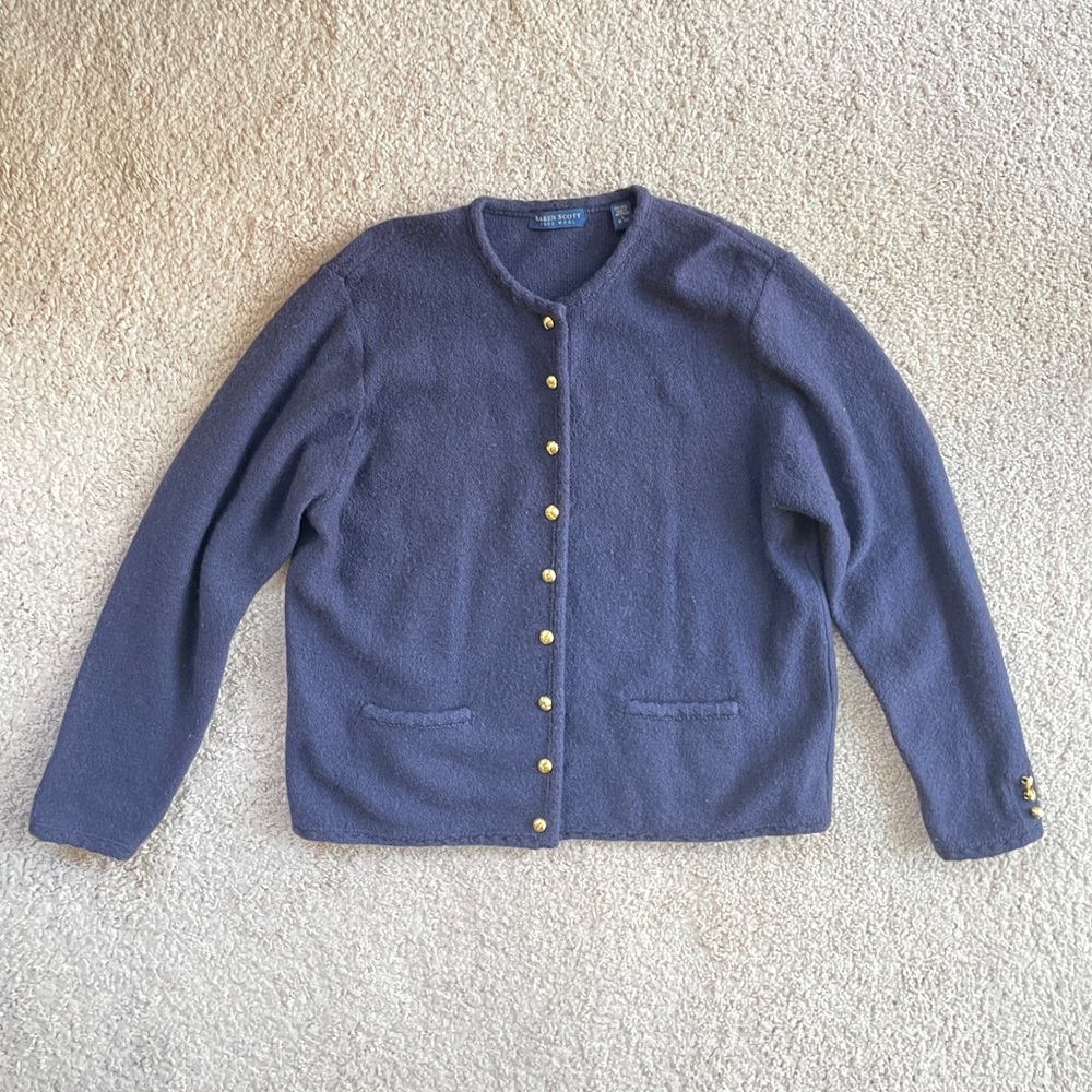 Karen Scott Navy Blue 100% Wool Long Sleeve Cardigan Sweater Large Gold Buttons - Picture 4 of 12